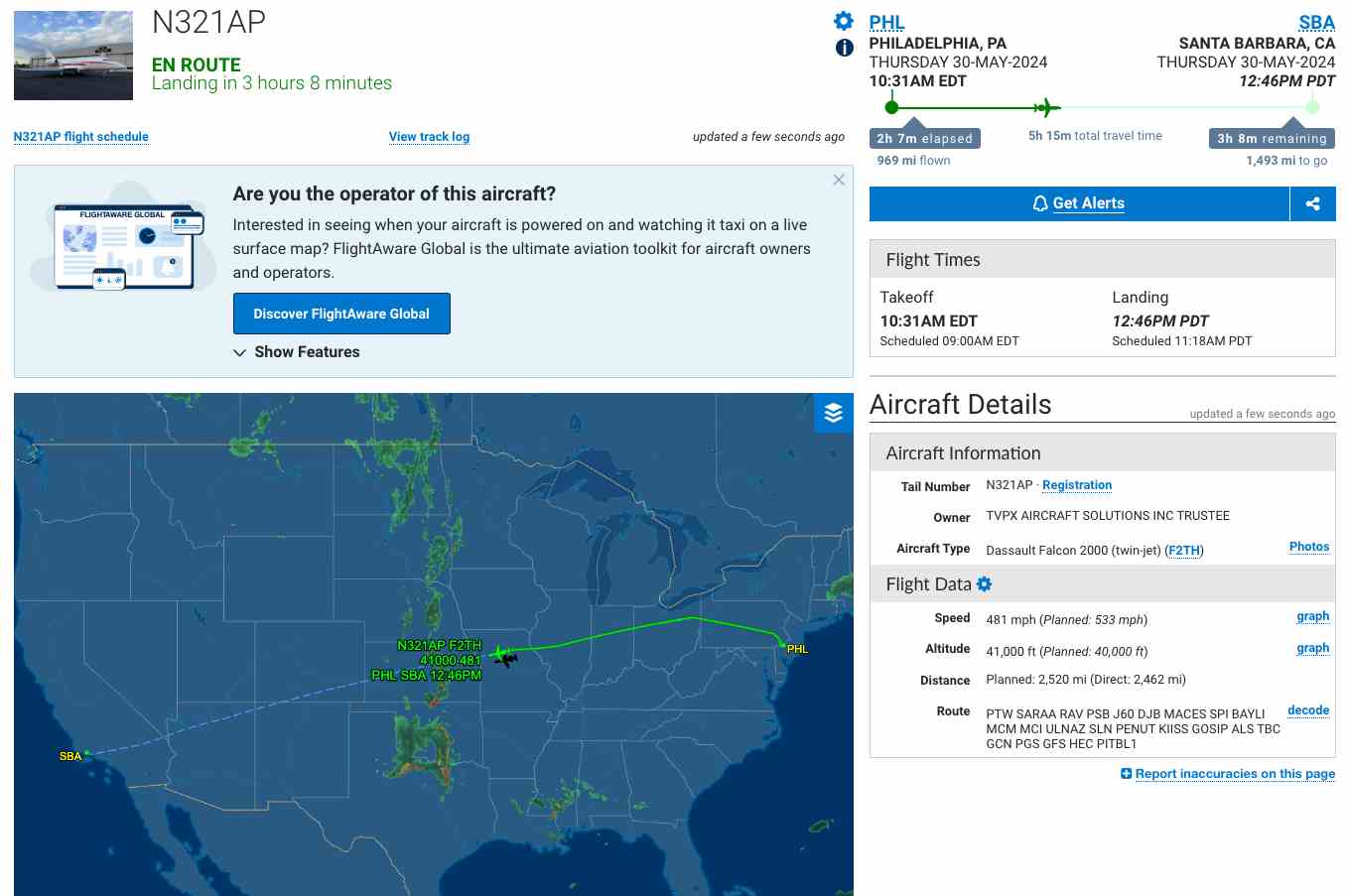 Przykład śledzonego samolotu w aplikacji FlightAware